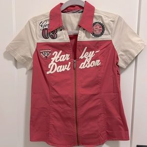 Pink/cream Harley Davidson zip up “work shirt”. Size MEDIUM. Pre-owned excellent